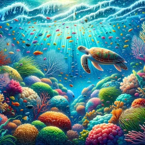 colorful image of an underwater scene including fish and a sea turtle