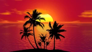 vintage representation of an island with red background and yellow sun, with multiple coconut trees in the forefront