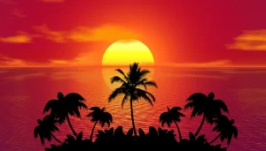 vintage style image of an island with a red sunset background